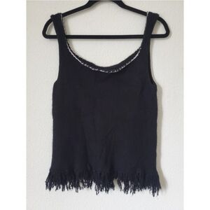 Souchi Black Cashmere Fringe Tank Top Sweater Size S Hand Loomed White stitching
